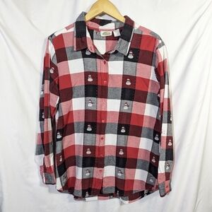 Collections‎ Etc. Checked Plaid Snowman Cotton Buttondown Shirt Holiday Sz L